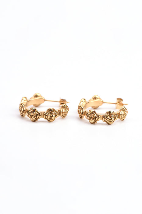 Earring stainless steel gold-plated half hoop with rose blossoms