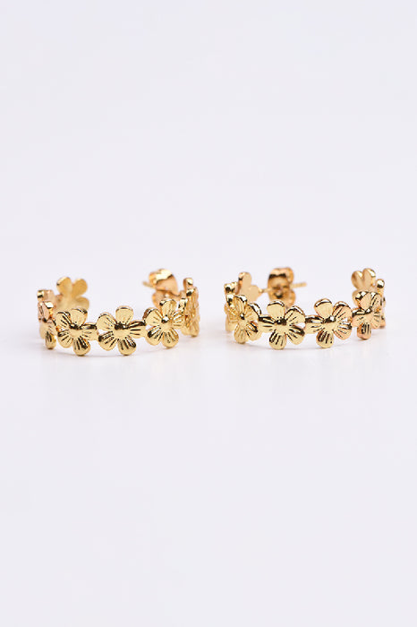 Earring stainless steel gold-plated half hoop with small flowers