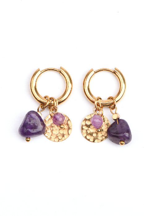 Ohrring Edelstahl vergoldet Creole mit Amethyst Anhänger und Plättchen gehämmert