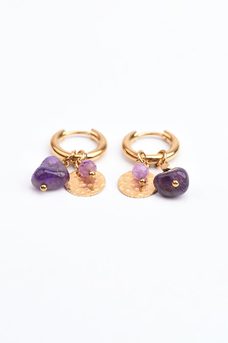 Ohrring Edelstahl vergoldet Creole mit Amethyst Anhänger und Plättchen gehämmert