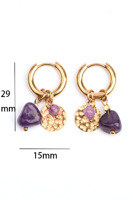 Ohrring Edelstahl vergoldet Creole mit Amethyst Anhänger und Plättchen gehämmert