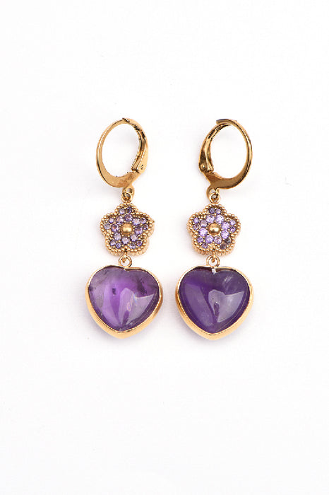 Ohrring Edelstahl vergoldet mit gefasstem Herz und Blume Amethyst