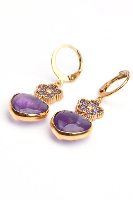 Ohrring Edelstahl vergoldet mit gefasstem Herz und Blume Amethyst