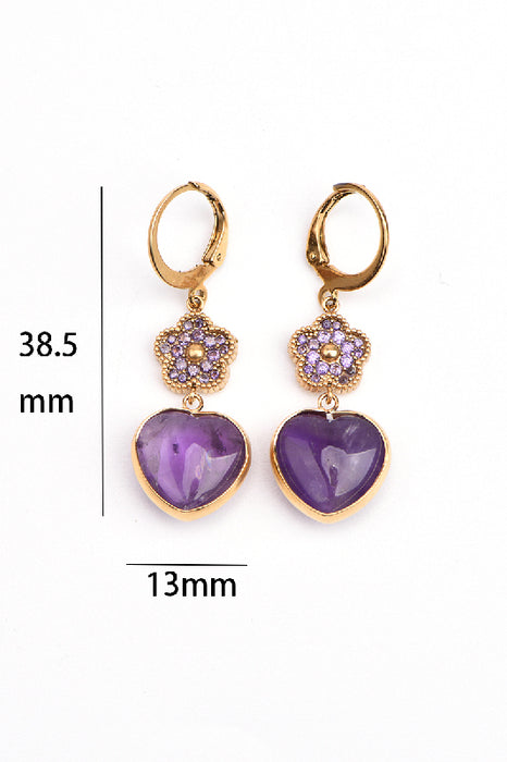 Ohrring Edelstahl vergoldet mit gefasstem Herz und Blume Amethyst