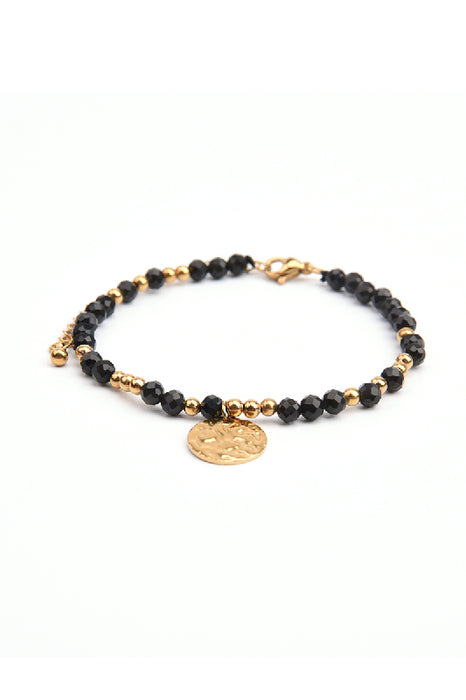 Bracelet en acier inoxydable doré, réglable, obsidienne noire avec pendentif martelé