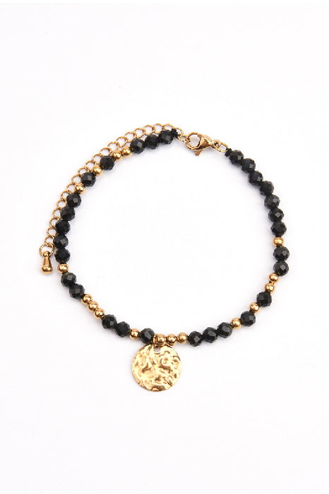 Bracelet en acier inoxydable doré, réglable, obsidienne noire avec pendentif martelé