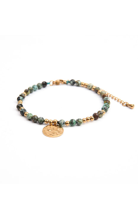 Bracelet stainless steel gold-plated adjustable African turquoise with hammered pendant