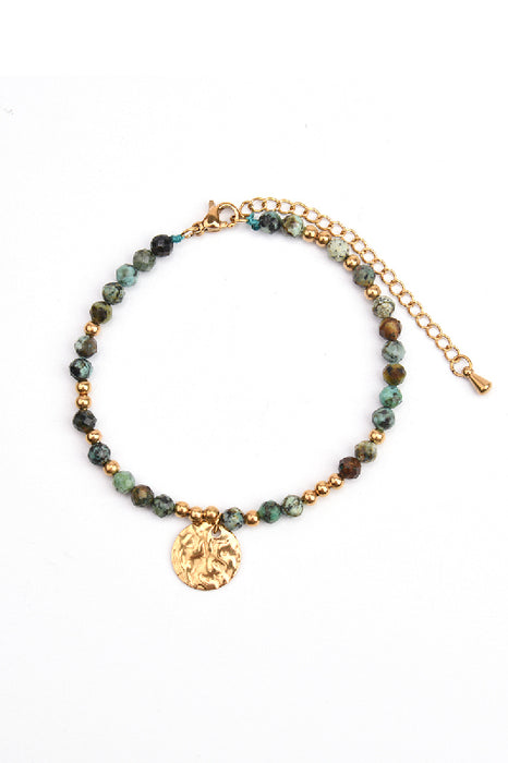 Bracelet stainless steel gold-plated adjustable African turquoise with hammered pendant