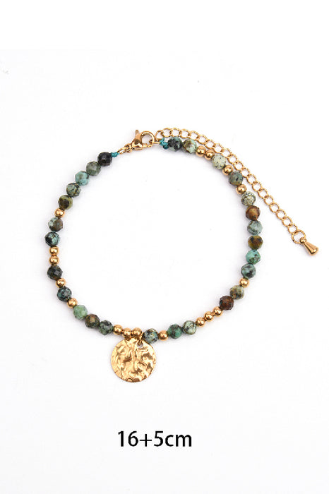Bracelet stainless steel gold-plated adjustable African turquoise with hammered pendant
