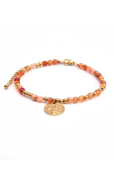 Bracelet stainless steel gold plated adjustable carnelian with hammered pendant