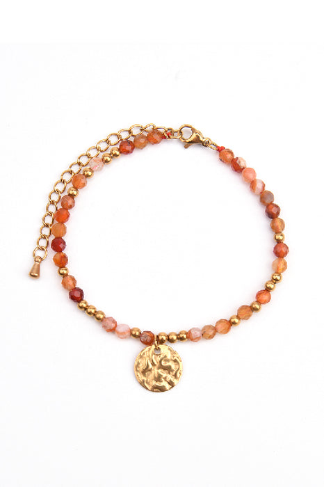Bracelet stainless steel gold plated adjustable carnelian with hammered pendant
