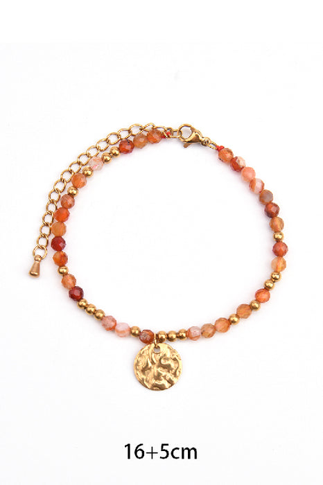 Bracelet stainless steel gold plated adjustable carnelian with hammered pendant