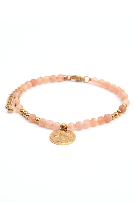 Gold-plated stainless steel adjustable bracelet sunstone with hammered charm