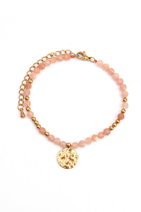 Gold-plated stainless steel adjustable bracelet sunstone with hammered charm