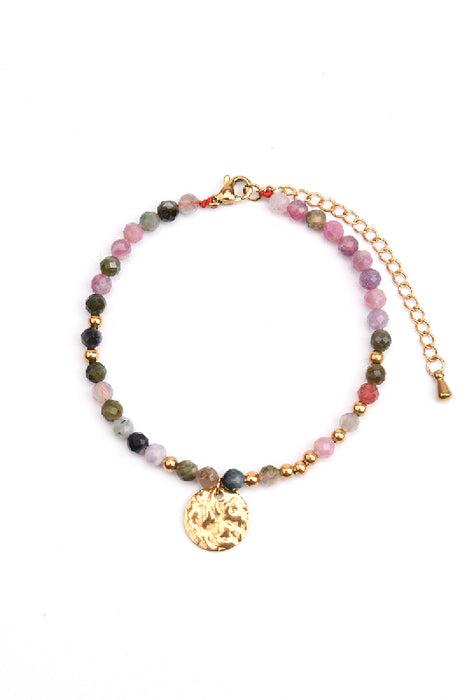 Adjustable gold-plated stainless steel bracelet with rainbow tourmaline and hammered pendant