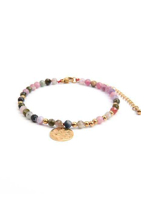 Adjustable gold-plated stainless steel bracelet with rainbow tourmaline and hammered pendant