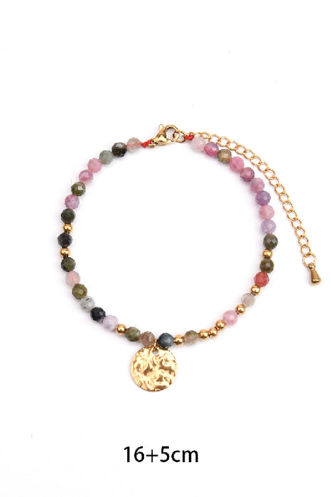 Adjustable gold-plated stainless steel bracelet with rainbow tourmaline and hammered pendant