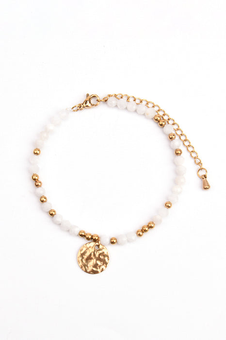 Bracelet en acier inoxydable plaqué or réglable, pierre de lune avec pendentif martelé