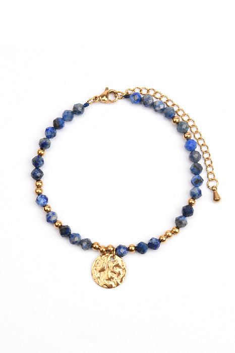 Bracelet en acier inoxydable doré, réglable, avec lapis-lazuli et pendentif martelé