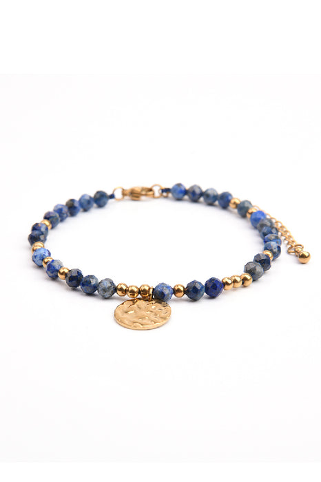 Bracelet en acier inoxydable doré, réglable, avec lapis-lazuli et pendentif martelé