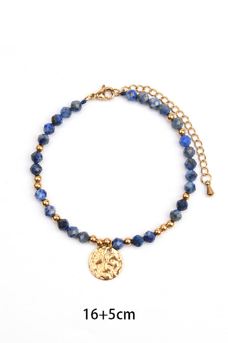 Bracelet en acier inoxydable doré, réglable, avec lapis-lazuli et pendentif martelé