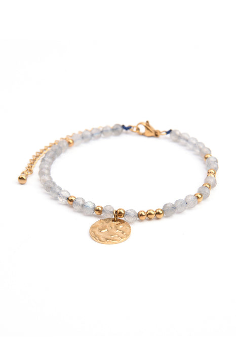 Bracelet en acier inoxydable doré, réglable, labradorite avec pendentif martelé