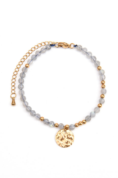 Bracelet en acier inoxydable doré, réglable, labradorite avec pendentif martelé