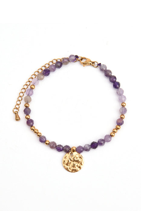 Armband Edelstahl vergoldet verstellbar Amethyst mit Anhänger gehämmert