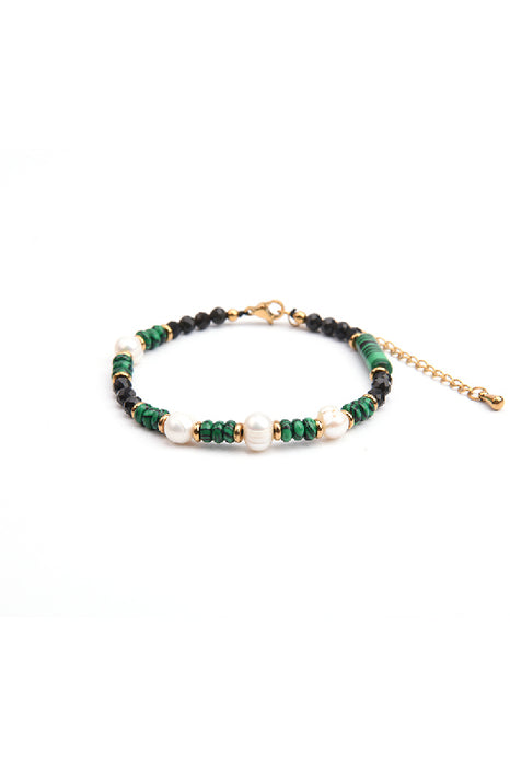 Bracelet, gold-plated stainless steel, adjustable, malachite, freshwater pearls, black obsidian