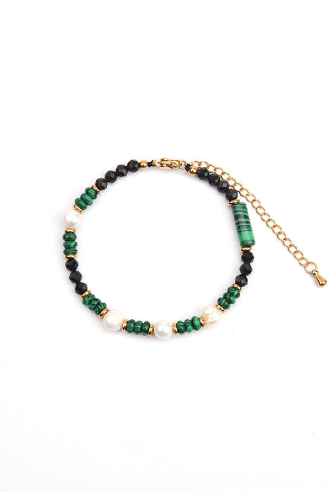 Bracelet, gold-plated stainless steel, adjustable, malachite, freshwater pearls, black obsidian