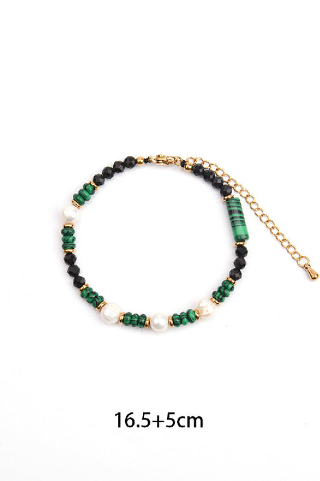 Bracelet, gold-plated stainless steel, adjustable, malachite, freshwater pearls, black obsidian