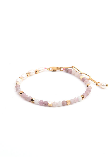 Bracelet stainless steel gold-plated adjustable pink tourmaline, freshwater pearl