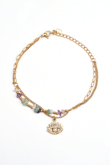 Gold-Plated Stainless Steel Adjustable Bracelet with Rainbow Fluorite, Eye Pendant, and Zirconia
