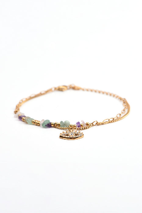 Gold-Plated Stainless Steel Adjustable Bracelet with Rainbow Fluorite, Eye Pendant, and Zirconia