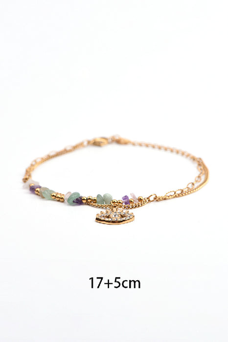 Gold-Plated Stainless Steel Adjustable Bracelet with Rainbow Fluorite, Eye Pendant, and Zirconia