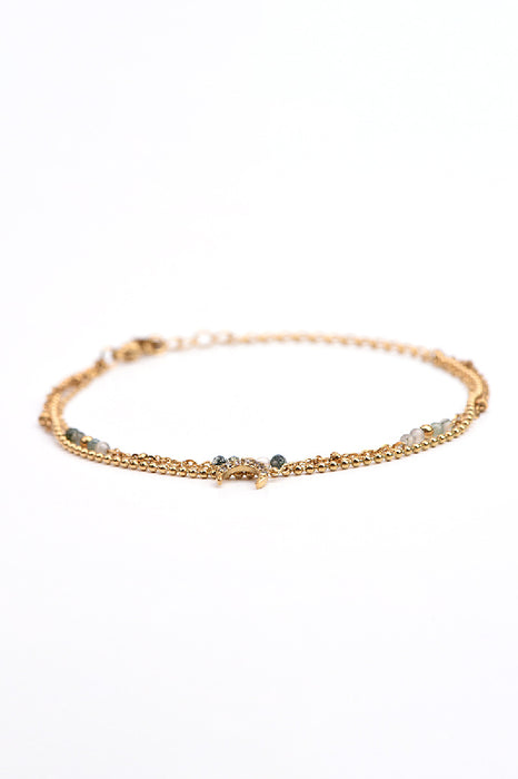 Gold-Plated Adjustable Stainless Steel Bracelet Moss Agate with Zirconia Crescent Pendant