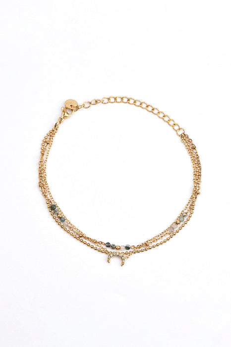 Gold-Plated Adjustable Stainless Steel Bracelet Moss Agate with Zirconia Crescent Pendant