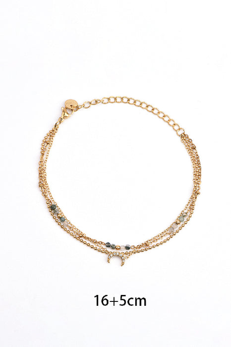 Gold-Plated Adjustable Stainless Steel Bracelet Moss Agate with Zirconia Crescent Pendant
