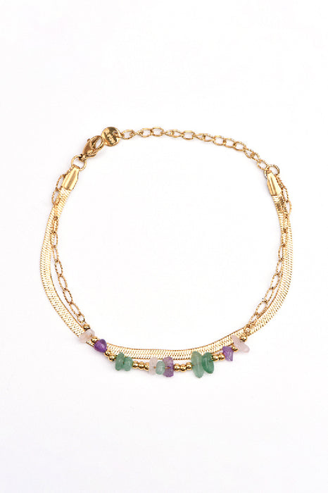 Bracelet acier inoxydable plaqué or ajustable fluorine arc-en-ciel blanc double chaîne