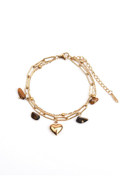 Bracelet stainless steel gold-plated adjustable stones tiger eye with heart pendant