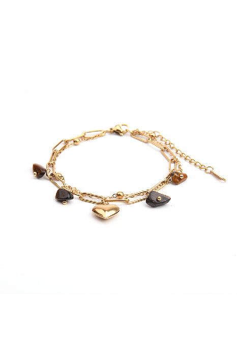 Bracelet stainless steel gold-plated adjustable stones tiger eye with heart pendant