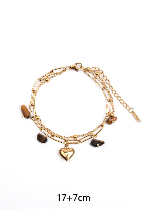 Bracelet stainless steel gold-plated adjustable stones tiger eye with heart pendant