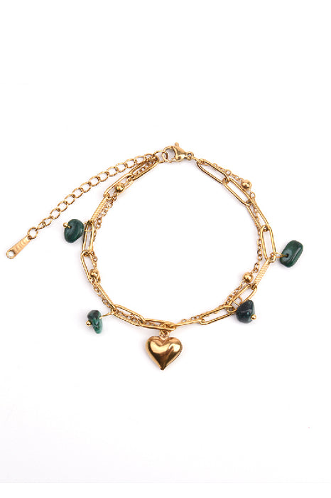 Bracelet acier inoxydable plaqué or ajustable petits strass Malachite avec pendentif cœur