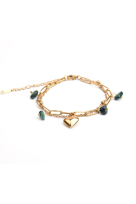 Bracelet acier inoxydable plaqué or ajustable petits strass Malachite avec pendentif cœur