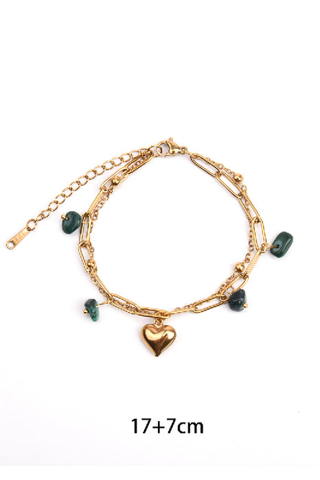 Bracelet acier inoxydable plaqué or ajustable petits strass Malachite avec pendentif cœur