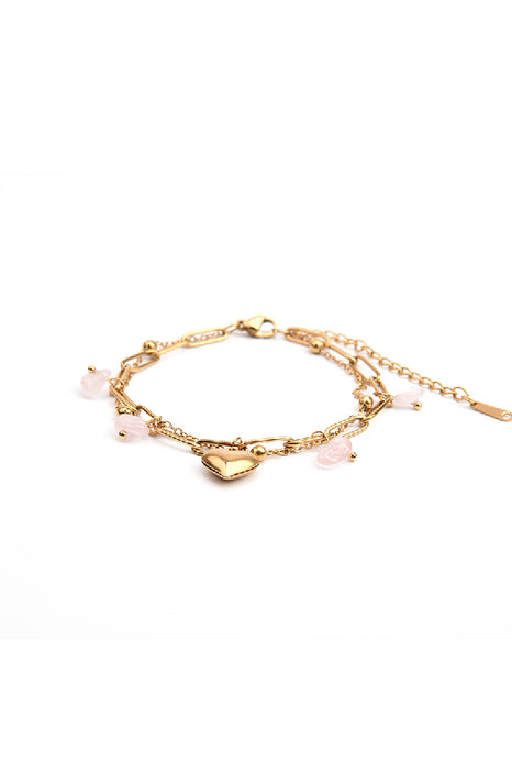 Bracelet stainless steel gold plated adjustable rose quartz stones with heart pendant