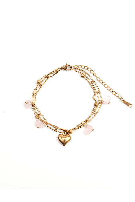 Bracelet stainless steel gold plated adjustable rose quartz stones with heart pendant