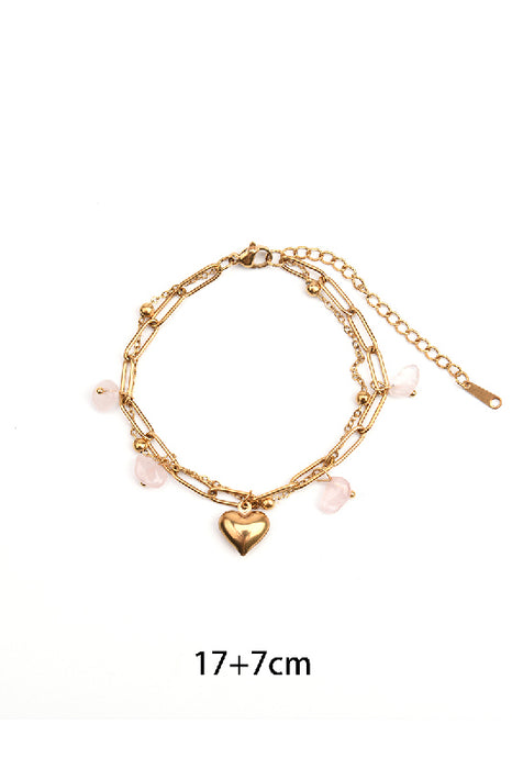Bracelet stainless steel gold plated adjustable rose quartz stones with heart pendant