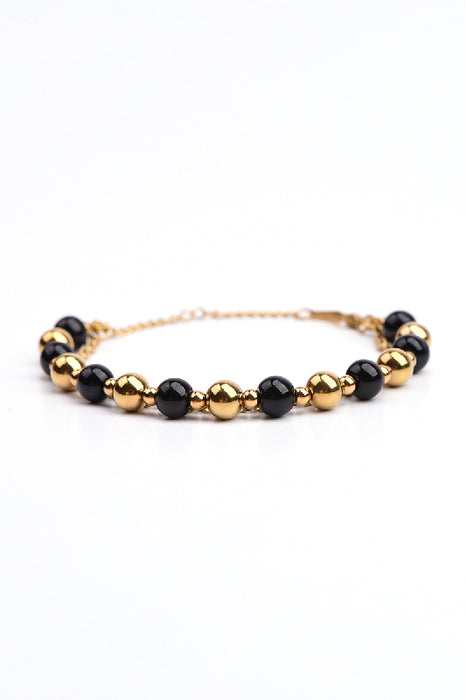 Stainless steel gold-plated adjustable bracelet 8 black agate beads