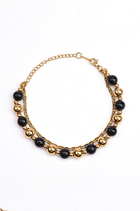 Stainless steel gold-plated adjustable bracelet 8 black agate beads